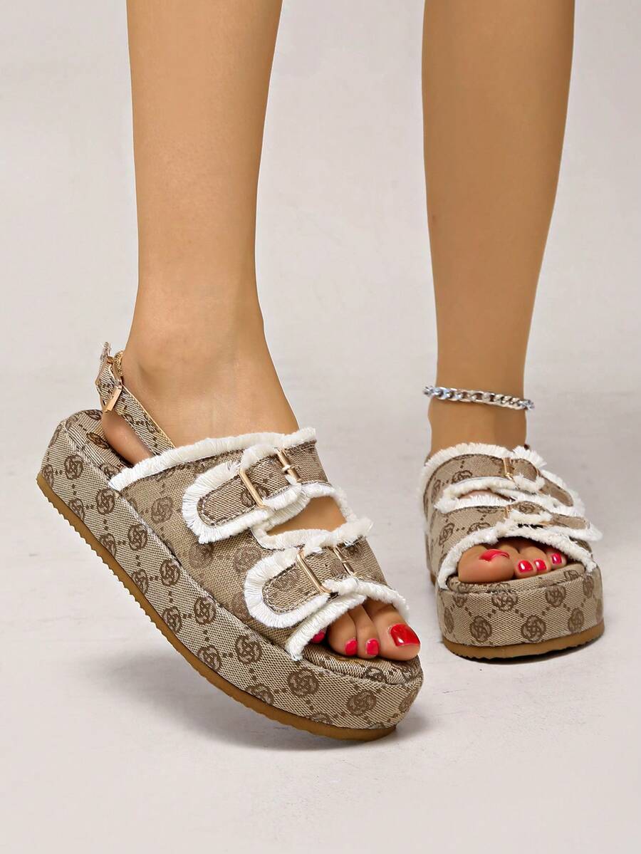 1 par de sandalias de plataforma para mujer, nuevo diseño de verano, sandalias de cuña con tela de color caqui con ribete de piel, sandalias de mula de moda con correa de hebilla y punta abierta - Caqui - Ver 1