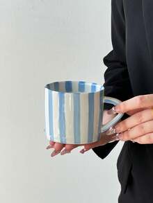 1pc New Handpainted Striped Coffee Cup & Saucer Set, Nordic Creative Personalized Vertical Striped Ceramic Mug, Classic Striped & Minimalist Personalized Breakfast Cup, Tea Cup, Coffee Cup - Gift Box Packaging Is The Perfect Birthday And Holiday Gift, Suitable For Home Use, A Great Gift For Him, Fun Cups.