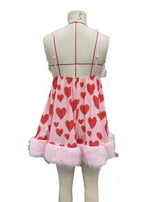 Women Spaghetti Strap Heart Mini Dress Y2K Sleeveless Faux Fur Fuzzy Trim Flowy Dress Cute Holiday Party Dresses - 粉色 - 查看 8