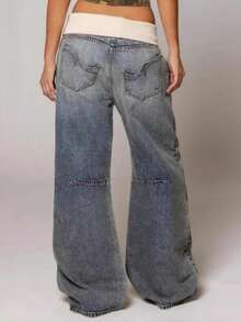 Women's Y2K Loose-Fitting Jeans, High-Waisted Knitted Belt Ripped Wide-Leg Jeans, Street Style. - 藍色 - 查看 5