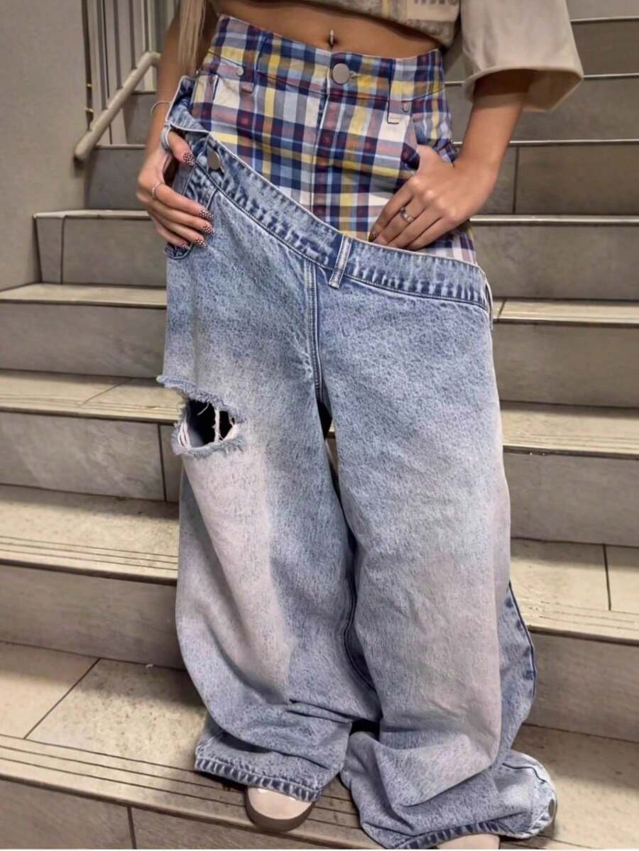 [Outfit de moda]Jeans de Tiro Alto Superlargos con Cuadros Deconstruidos y Rotos para Hombre/Mujer, Corte  y Estilo Urbano Desafiante - Una Fusión de Patrones - Azul - Ver 1