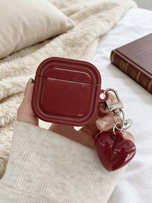 1pc Minimalist Wine Red + Heart Pendant TPU Earphone Protective Case, Suitable For AirPods Pro 3/4, Pro 2, Wireless Bluetooth 1/2 Earphone Case - Burgundy - View 2