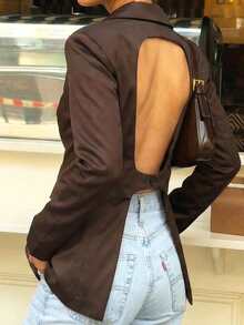 Women's New Fashion European And American Style Versatile Backless Satin Casual Long Sleeve Blazer - Brown - View 8