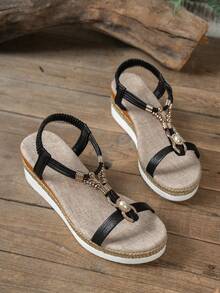 Women's Fashion 2026 Summer Vacation Style Black Beaded Linen Rope Sole 5.5CM Slip-On Sandals, Women's Retro Wedge Thick Bottom Bohemian Woven Slip-On Sandals - Black - View 4