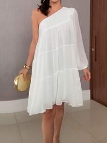 Đầm midi nữ kiểu dáng thường ngày, trễ vai, tay phồng, chất liệu chiffon bất đối xứng, thanh lịch cho mặc hàng ngày, hẹn hò, đi nghỉ mát, màu trắng mùa hè. - trắng - Xem 8