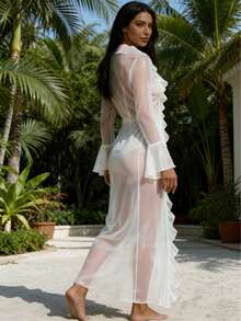 女士优雅纯色沙滩罩衫，性感长袖蕾丝边沙滩比基尼罩衫，飘逸荷叶边下摆度假风 - 白色 - 查看 5