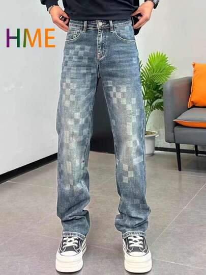 HME - Spring/Summer 2026 New Men's Jeans - Washed Street Blue Effect Men's Trousers, Checkered Color-Blocking Fashion Style With Zipper Closure - Machine Washable, Slim-Fit Men's Jeans In American Hip-Hop Style, Versatile Jeans Suitable For Daily And Formal Occasions - Non-See-Through Casual Jeans, Men's Stretch Denim, Men's Jeans, Comfortable Men's Denim Apparel, Men's Casual Trousers, Men's Gift