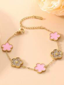 1pc Stainless Steel Fashionable Chic 5-Petal Flower Laser Bracelet For Women - Five-leaf Flower Diamond Bracelet - View 13