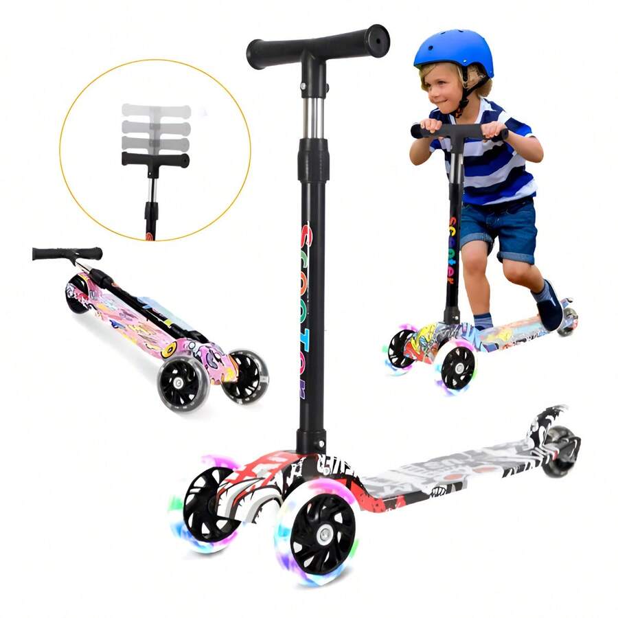 Scooter Monopatín para Niños de 3 Ruedas con Luces LED en Llantas Altura Ajustable y Sistema de Plegado Portátil para Mayor Estabilidad, Regalo para el Día del Niño - Negro - Ver 1