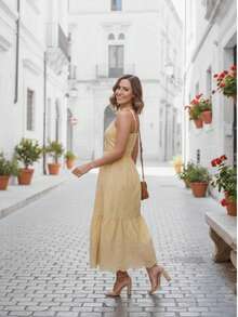 Women's Midi Dress With Tie Straps In Lace. - Mustard Yellow - View 2