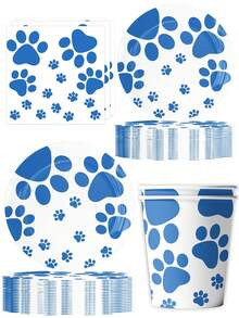 Juego de 50 piezas de vajilla desechable con temática de perro, decoración de mesa, decoración de cumpleaños, suministros de picnic, decoración de escena, accesorios para ambiente de fiesta, artículos festivos, decoraciones de fiesta - Multicolor - Ver 1