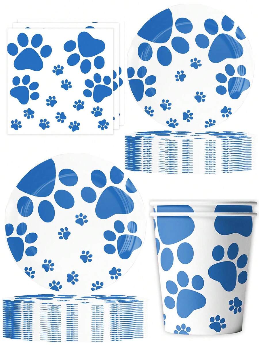 Juego de 50 piezas de vajilla desechable con temática de perro, decoración de mesa, decoración de cumpleaños, suministros de picnic, decoración de escena, accesorios para ambiente de fiesta, artículos festivos, decoraciones de fiesta - Multicolor - Ver 1