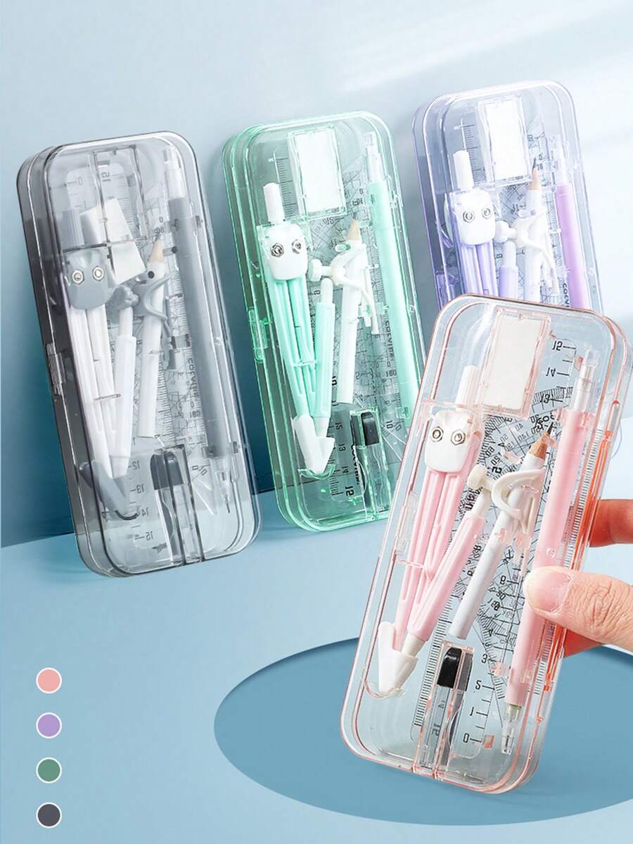 9pcs Student Compass Ruler Set, Includes Triangle Ruler, Protractor, Drawing Tools, Exam & Learning Stationery Supplies, Multi-Function Clip Pen Design - Multicolor - View 1
