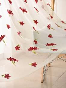 1 buah Tirai Motif Bunga Merah, Kain Tipis Bordir Putih, Kain Tirai Gaya Modern untuk Ruang Tamu - Merah - View 11