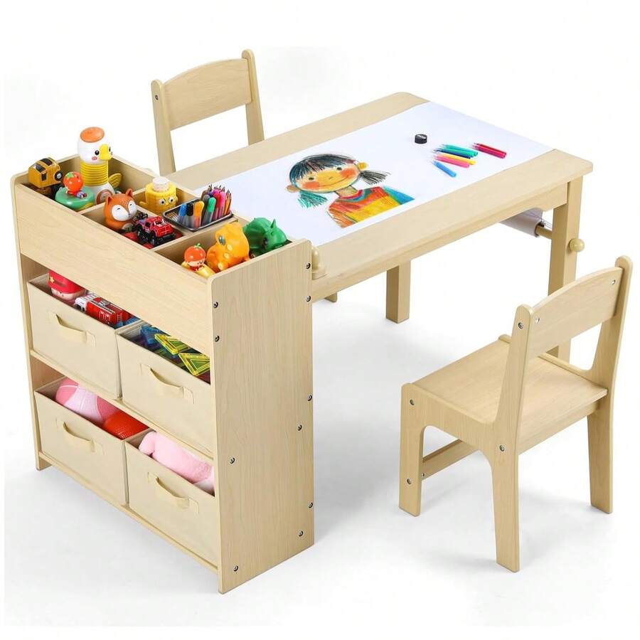 Kids Art Table & Chairs Set Toddler Drawing Desk With Paper Roll & Storage Bins