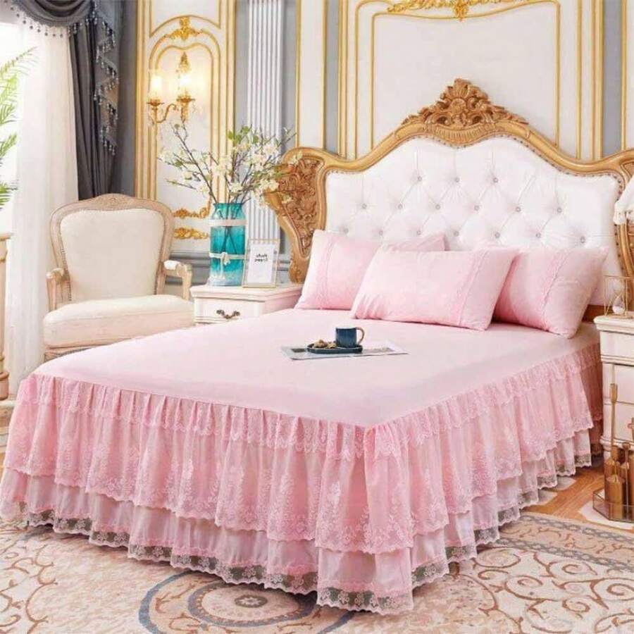 Double Lace Bed Skirt For California-FKing Bed - 17in. Drop, Easy Fit Ruffle Bedskirt Wrap Around Bed Skirt, Anti Wrinkle & Fade Resistant,Ck-FKing(78inchX84inch),Pink - 粉紅色的 - 查看 1