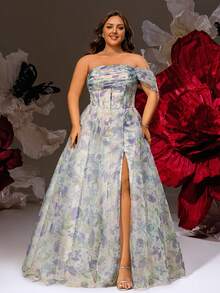 VIPGIRL 印花单肩加大码雪纺晚礼服，优雅高开衩A字裙，女士粉彩舞会礼服，梦幻夏季婚礼宾客长裙，花园派对装扮，夏季正式礼服，伴娘替代款，派对礼服 - 彩色 - 查看 3