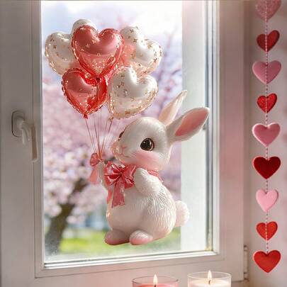 1/2pc Easter Bunny Heart Shaped Glass Sticker, With Cat Design, Single Layer Window Decal, Static Cling, Reusable, Suitable For Bedroom, Living Room, Balcony Window Decoration