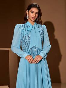 Solessence Women's Elegant Long Sleeve Dress With Draped Neckline, Embroidered Beaded Details, Pleated Hem, Suitable For Festivals, Daily Wear, And Dates. Soft And Comfortable. - Blue - View 6