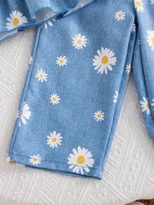 2pcs/Set Baby Girls Daisy Flower Print Sleeveless Top And Elastic Waist Ditsy Floral Pants Elegant Outfit, Summer - Blue - View 8