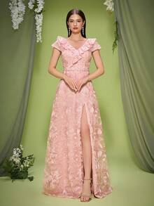 Anpoket新款V领礼服，饰有扇形花边、刺绣蕾丝、飞机袖和前开衩——一款高端晚礼服。女士连衣裙 - 粉色 - 查看 1