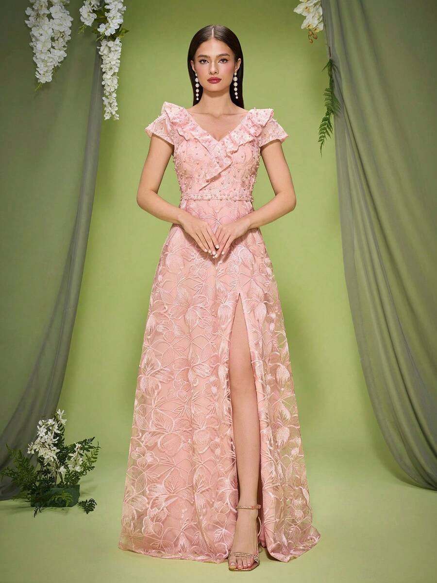 Anpoket新款V领礼服，饰有扇形花边、刺绣蕾丝、飞机袖和前开衩——一款高端晚礼服。女士连衣裙 - 粉色 - 查看 1