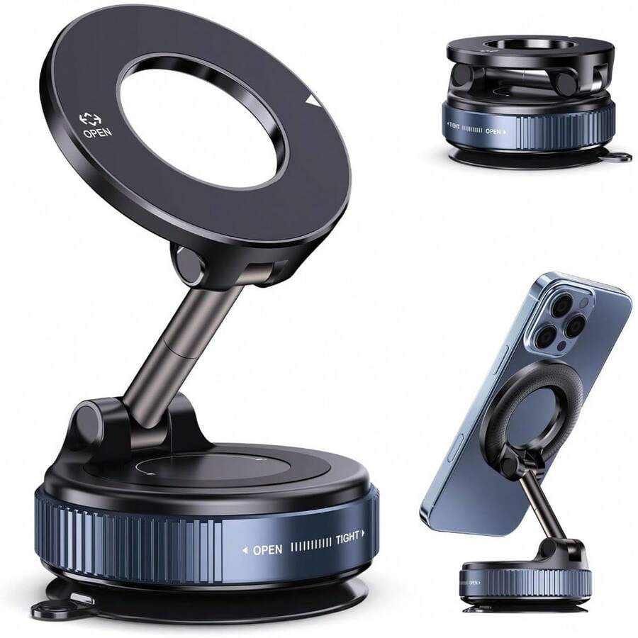 Vacuum Magnetic Suction Phone Holder, Foldable And Retractable Hands-Free Suction Cup Phone Mount For Car/Gym/Mirror/Smooth Surface, Compatible With IPhone Android And All Smartphones (Black) - 1pcs - 查看 1