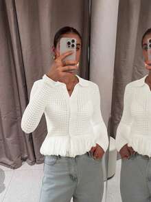 Áo khoác cardigan dệt kim dài tay màu trắng tối giản, thanh lịch, cổ bẻ, lãng mạn dành cho nữ, áo cardigan dệt kim khoét lỗ tua rua mùa xuân/hè, áo kiểu mùa xuân. - Bạch Tuyết Bay - Xem 9
