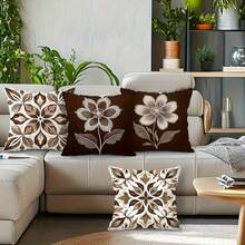4pcs Vintage Brown & White Floral Geometric Throw Pillow Covers, Modern Decorative Sofa Cushion Covers, Single-Sided Print, Pillow Inserts Not Included - Coffee Brown - View 6