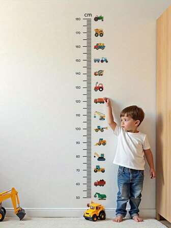 1pc Removable Construction Truck Growth Chart Wall Decal - Suitable For Nursery And Toddler Boys Room Decor, Height Measurement Sticker, Self-Adhesive Educational Car Theme Sticker