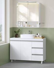 HEXCELEN Bathroom Vanity Unit With 3 Drawers, Bathroom Cabinet, 2 Doors, 2 Compartments Behind Doors, Freestanding Vanity Unit, 30 X 90 X 64 Cm, White - 白色 - 查看 2