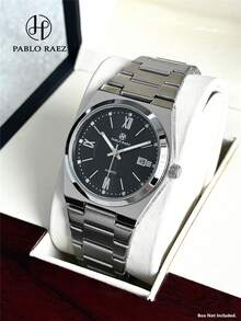 Pablo Raez 1 buc Ceas de afaceri pentru bărbați, din oțel inoxidabil, bijuterii pentru bărbați, ceas de mână original, brățări din oțel greu, lanț, argintiu, culoare non-oxidantă, fermecător, faimos, design nou-nouț, lux, culoare alb-negru, rezistent la apă 50M, ceas simplu cu afișaj calendaristic, ceas casual pentru bărbați, cuarț, modă - Argint - Vizualizare 2