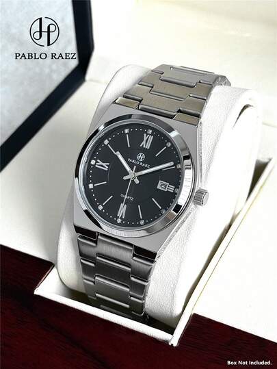  Pablo Raez 男士商务腕表，不锈钢材质，男士珠宝，原装正品，金属厚重表链，银色，不易褪色，魅力十足，知名品牌，全新设计，奢华黑白配色，50米防水，简约日历显示，男士休闲时尚石英表