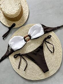 New Sexy Fashion Simple Solid Color Beaded Decor Hollow Front Crop Top And Beaded Drawstring Side Decor Bottom Two Pieces Bikini Set Vacation Beach Summer - Maroon - View 2
