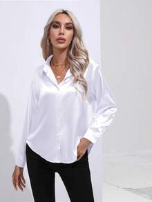 Women's Satin-Like Silk Long Sleeve Shirt – Luxurious Silky Blouse, Loose Fit Wrinkle-Resistant Top For Office Work Home Lounging Daily Casual - trắng - Xem 4