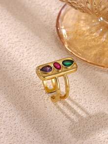 1枚复古绿色水滴形立方氧化锆方形戒指，女士金色几何开口戒指，婚礼派对珠宝礼物 - 彩色 - 查看 6