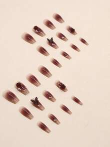 24pcs Y2K Nail Stickers, Long Coffin Shaped Nails, Super Glossy Press-On Acrylic Nails, Pink Fashion French Ombre Glitter Geometric Striped Chain Butterfly Flower Pattern, Lightweight Luxurious Nails With Rhinestones, Reusable, Sweet, Cute, Minimalist, Elegant Nail Art Set, Includes Detachable Fake Nail Stickers, Suitable For Holidays, Parties, Gatherings, Dates, Daily Wear. Nail Accessories - Baby Pink - View 3