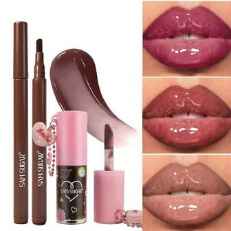 (Delineador de labios + Brillo de labios) Conjunto de maquillaje de labios de otoño/invierno europeo y americano, color nude natural, fácil de aplicar