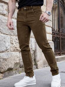 4 Pcs Men's Slim Fit Solid Color Jeans Multi-Pack | Classic Versatile All-Season Denim Trousers Bundle For Casual Wear - Đen + xanh xám + xanh quân đội + kaki - Xem 6