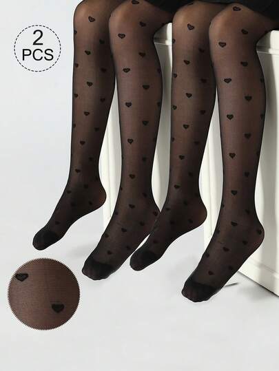 2/1 Pair Girls Leggings, Infant Tights, Children's Skinny Pants, Thin Heart Jacquard Footless Tights, Mesh Leggings, Black, Solid Color, Collegiate Cute Style, Children's Dance Pants, Soft & Comfortable Spring/Summer, Suitable For Daily, All Seasons, Parties, Can Be Paired With Skirts, Shorts, Can Be Used As Dance Socks