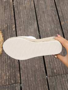 女士草编坡跟绳露趾拖鞋，厚底增高凉鞋，适合夏季户外穿着 - 白色 - 查看 8