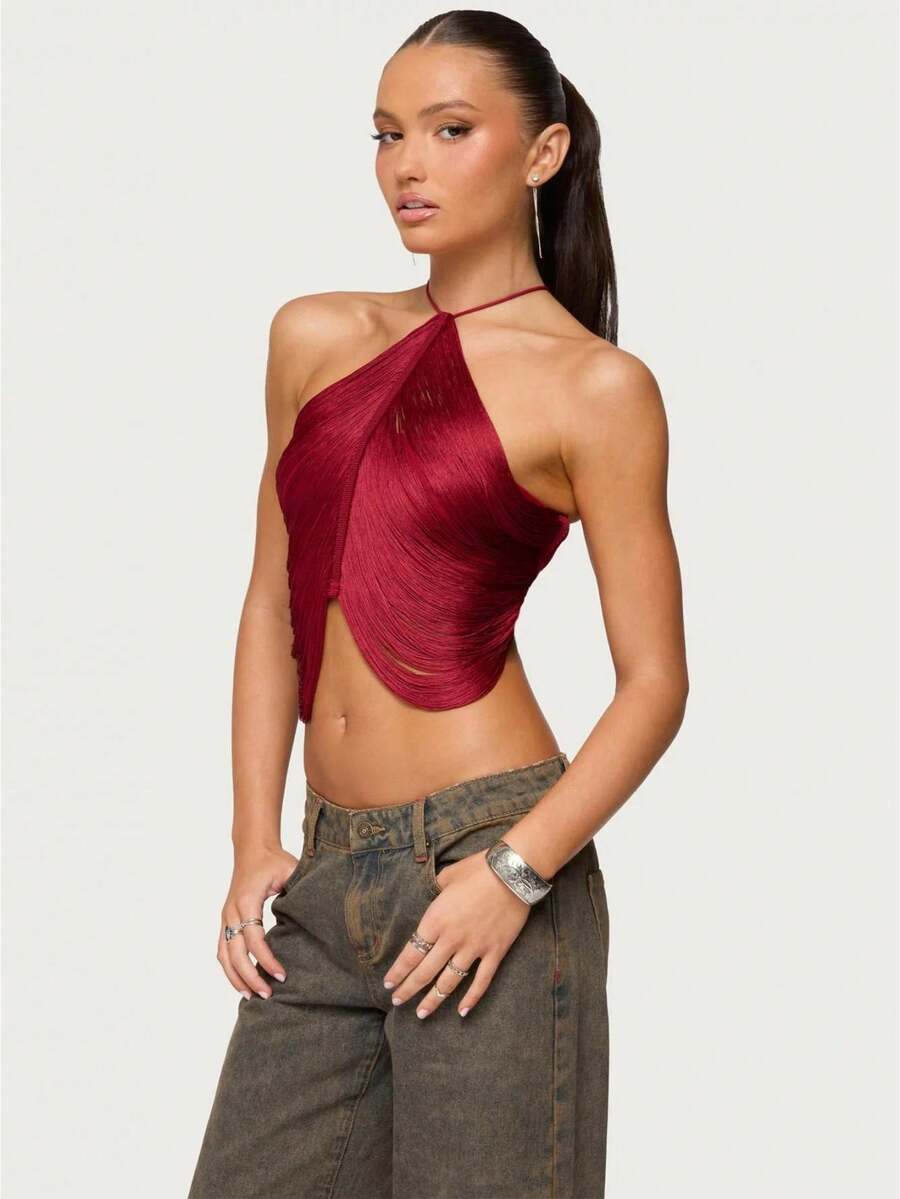 Women's Y2K-Style Halter Top, Women's Western Fringe Top, Draped Front Off-Shoulder Party Club Outing Top, Bohemian Sleeveless Tight Camisole Bodysuit Denim Set - 紅色 - 查看 1
