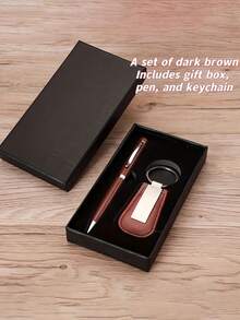 [Customized] 1 Set High-Quality Pen Gift And Brown PU Keychain Set, Can Customize Name, Anniversary, Corporate Slogan, Suitable For Corporate Employee Activities, Gifts For Family, Friends, Colleagues, Year-End Bonus - Multicolor - View 6