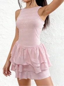 Women's Summer Dress Elegant Solid Color Sleeveless Boat Neck Ruffle Mini Dress For Party Date Night Wear - Pink - View 4