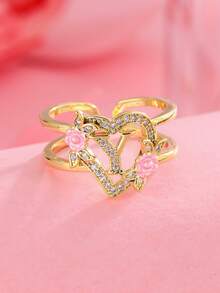 1 pieza Anillo con inicial de flor en tono dorado A-Z con corazón de circonita cúbica, anillo abierto ajustable para mujeres, joyería de regalo de cumpleaños personalizada - Amarillo Oro - Ver 29