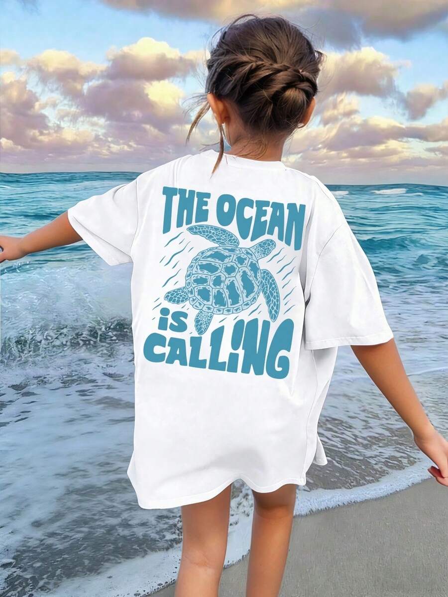 Tween Girls' Letter & Sea Turtle Graphic Round Neck Casual Short Sleeve T-Shirt - White - View 1