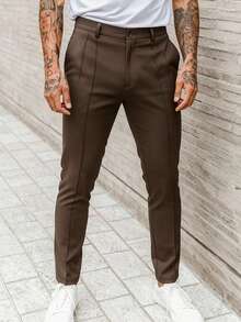 Retro American Cargo Solid Color Slim Fit Casual Pants, Men's Slim Fit Side Pocket Zipper Business Casual Pants, Fall - Coffee Brown - View 3