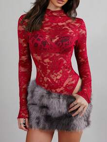 Elaveea 女士红色蕾丝连体衣，紧身透视蕾丝立领长袖红色连体衣，性感街头风百搭连体衣，适合街拍、日常穿着、海滩度假、夜店、单身派对、情人节、狂欢节、音乐节等场合。 - 紅色 - 查看 6