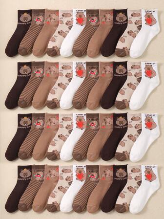 5双儿童中筒袜，圆领运动袜，饰有河豚图案和心形卡皮巴拉刺绣，透气舒适，适合1-16岁男孩女孩日常穿着