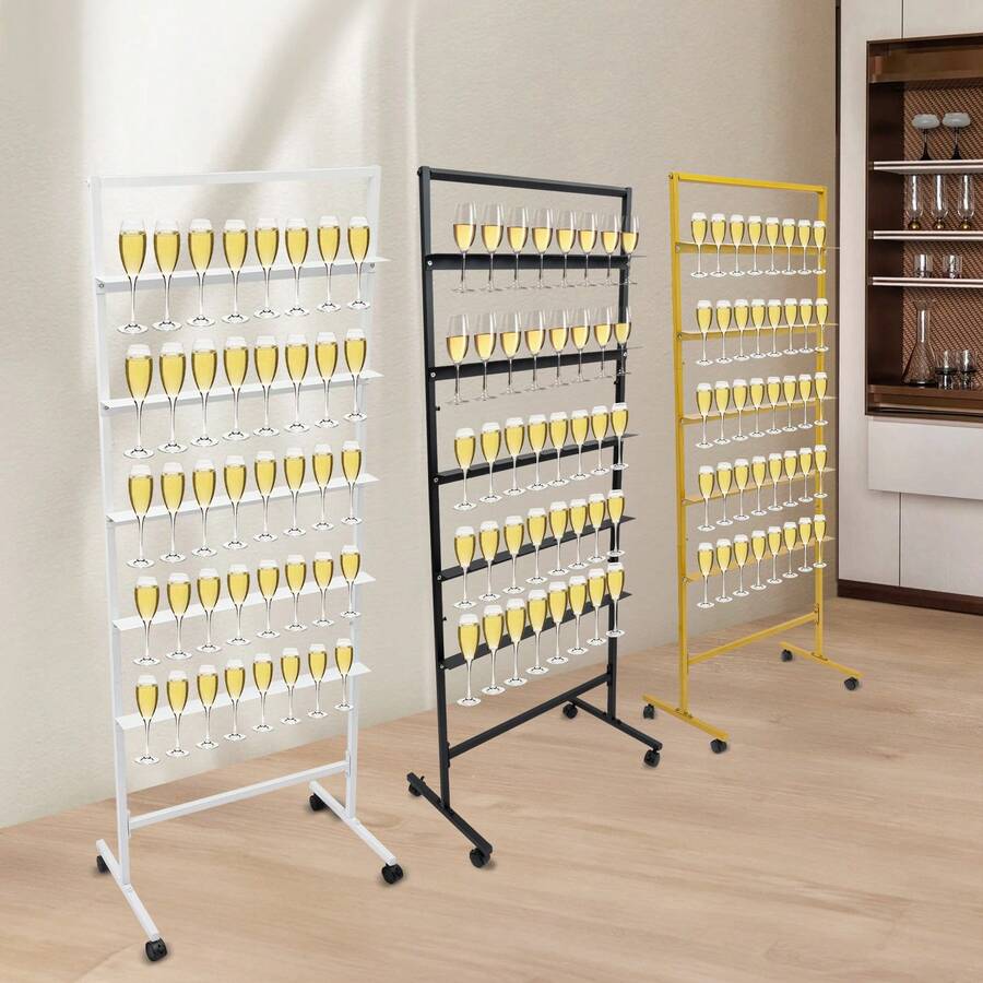 5-Tier Champagne Wall Holder With Swivel Metal Champagne Flutes Wine Display Stand Casters For Wedding Christmas Birthday Party 15.75"D X 25.98"W X 67.72"H